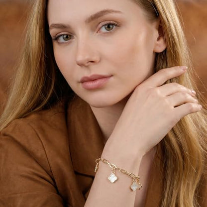 Gold Clover Charm Link Bracelet for Women Elegant Mother of Pearl Lucky Four Leaf Clover Bracelet Cute Colorful Rhinestone Clover Pendant Bracelet Adjustable Link Chain Trendy Party Jewelry Gift - style: Gold Clover