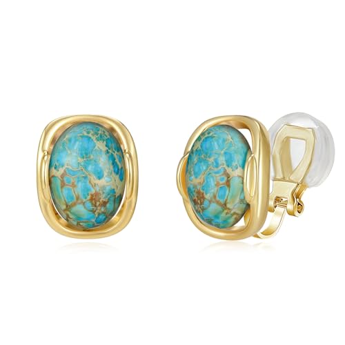 YOQUCOL Natural Stone Trendy Clip On Stud Earrings for Women Gold Plated Non Pierced Statement Earrings Fashion Jewelry - color: Oval-Blue