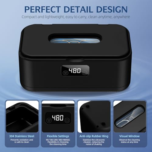 Ultrasonic Jewelry Cleaner, 50Khz Jewelry Cleaner Ultrasonic Machine for Jewelry, Eyeglasses, Rings, Watch Strap, Dentures, 24oz - 304 Stainless Steel Tank, Digital Timer - color: Black