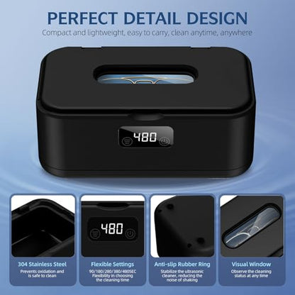 Ultrasonic Jewelry Cleaner, 50Khz Jewelry Cleaner Ultrasonic Machine for Jewelry, Eyeglasses, Rings, Watch Strap, Dentures, 24oz - 304 Stainless Steel Tank, Digital Timer - color: Black