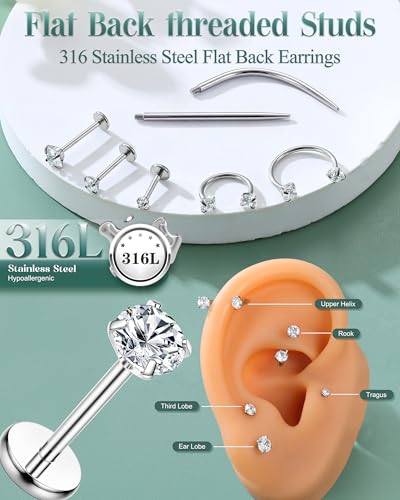 18G Horseshoe Nose Rings for Women Internally Threaded Flat Back Earrings | Labret Stud Hypoallergenic Surgical Steel Double Gem Nose Rings with CZ Helix Tragus Septum Lip Nostril Piercing Jewelry Set - color: Silver