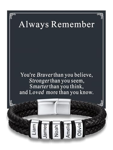 Custom4U Personalized Braided Leather Bracelet for Men with Name Engraved | 1-5 Name Engraving, Stainless Steel Bead, 7.5/8.3/9 Inch Black Leather, Gift Design for Men with Custom Keepsake Cards - color: 01-Steel Color-Always Remember, size: 5 Names