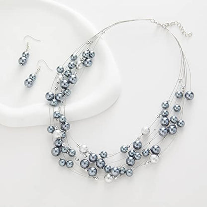 FULU AUTUMN Layered Pearl Necklace Multi-strand Pearl Choker Necklaces for Women Beaded jewelry for Wedding Parties - color: 37-Grey