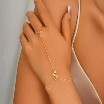 925 Sterling Silver Hand Chain Bracelet for Women | 14k Gold Plated CZ Crystal Heart Starburst Ring Bracelets Hand Chain Diamond Layered Stackable Link Chain Beach Jewelry Gifts - color: GoldE