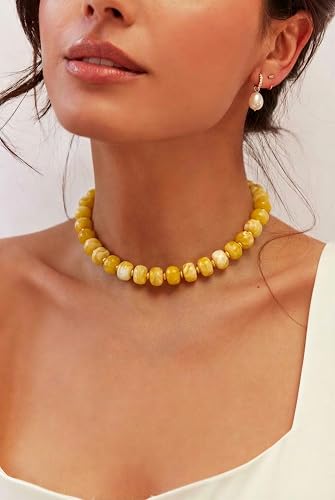 Chunky Beaded Necklace for Women, Colorful Boho Statement Necklace, Gold Chunky Resin Large Bead Necklace, Waterproof Summer Beach Jewelry Gifts for Women - color: Yellow