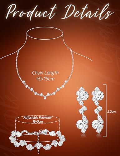 Crystal Silver Necklace and Earrings with Crystal Bracelet for Women | Teardrop Dangle Earrings Rhinestone Necklace Bracelet for Bride Bridesmaid Crystal Bridal Wedding Party Jewelry Sets - style: flower neckalce+adjustable bracelet