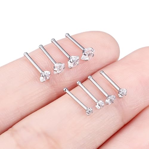 Hoeudjo Nose Studs Surgical Steel Cubic Zirconia Nose Rings Kit for Women Men Tiny Nose Stud Screw & Bone & L Shaped Nostril Piercing Jewelry 22-18 Gauge 8 Pieces 1.5mm 2mm 2.5mm 3mm - color: silvertone, size: 20g,bone nose studs,round+square CZ
