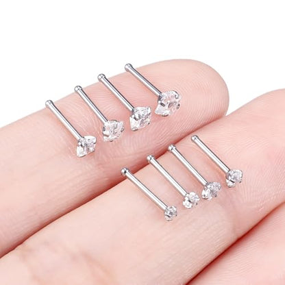 Hoeudjo Nose Studs Surgical Steel Cubic Zirconia Nose Rings Kit for Women Men Tiny Nose Stud Screw & Bone & L Shaped Nostril Piercing Jewelry 22-18 Gauge 8 Pieces 1.5mm 2mm 2.5mm 3mm - color: silvertone, size: 20g,bone nose studs,round+square CZ