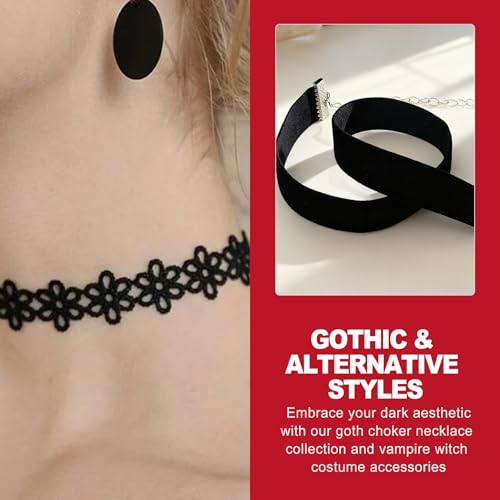 6 Pack Gothic Choker Set, Black Velvet and Lace Choker Necklaces for Women featuring a Goth Cross Necklace, Sexy Neck Choker for Gothic Layered Jewelry