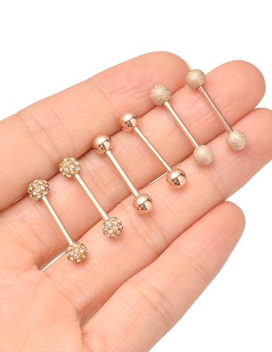 Akeoqi 8 Pairs Nipple Rings Tongue Ring 14G Stainless Steel CZ Ball Heart Butterfly Nipple Straight Barbells Body Piercing Jewelry for Women Men Silver Rose Gold Plated 14mm - color: A:Rose Gold, size: 14mm