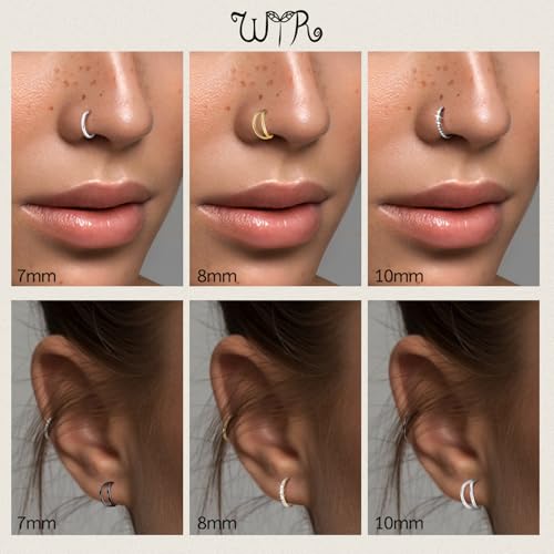 WYR 3Pcs Hypoallergenic Titanium Nose Rings for Women Men 16G 18G 20G | Black/Gold/Silver Seamless Septum Ring CZ & Double Hoop Clicker Conch Earrings Cartilage Piercing Jewelry 7mm 8mm 10mm - color: Black, size: 20g 8mm