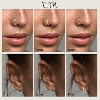 WYR 3Pcs Hypoallergenic Titanium Nose Rings for Women Men 16G 18G 20G | Black/Gold/Silver Seamless Septum Ring CZ & Double Hoop Clicker Conch Earrings Cartilage Piercing Jewelry 7mm 8mm 10mm - color: Gold, size: 16g 7mm