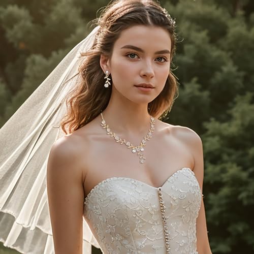 Women's Wedding Jewelry Set for Bride,Prom Bridal Accessories | Bling Crystal,Flower Leaf Cluster,Dangle Earrings Pendant Necklace Set,for Bridesmaid,Party Jewellery - color: 17-Clear Gold-Plated-Base