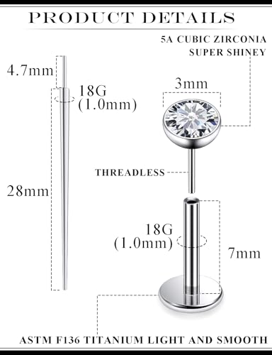 20G 18G 16G F136 Titanium Threadless Flat Back Earrings Nose Studs Tragus Forward Helix Conch Cartilage Lobe Earrings Medusa Labret Snake Bite Monroe Lip Ring Piercing Jewelry For Women Men - size: 18G-7MM Bar-CZ 3MM