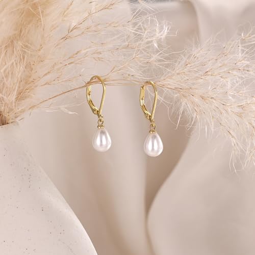 Freekiss Pearl Earrings for Women Trendy: Flat Back Stud Earrings 14K Gold Plated/925 Sterling Silver Freshwater Pearl Dangle Earrings Cute Bow Earrings Wedding Jewelry Birthday Gifts for Women Girls - style: leverback dangle earrings