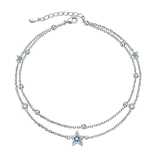 DAOCHONG Double Foot Chain Layer Ankle Bracelets for Women S925 Sterling Silver 3 Blue Stars Beads Chain Double Layer Anklet Beach Jewelry Anklet 9+1.5 inches - style: 02_Three Star