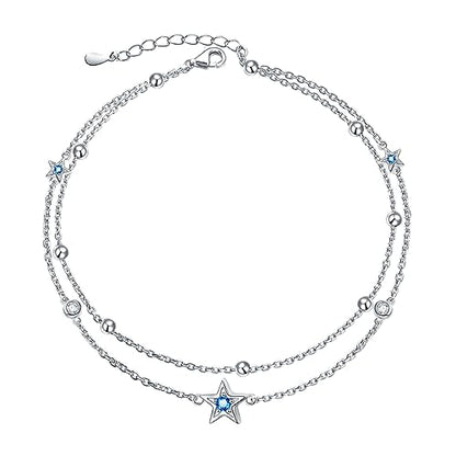 DAOCHONG Double Foot Chain Layer Ankle Bracelets for Women S925 Sterling Silver 3 Blue Stars Beads Chain Double Layer Anklet Beach Jewelry Anklet 9+1.5 inches - style: 02_Three Star
