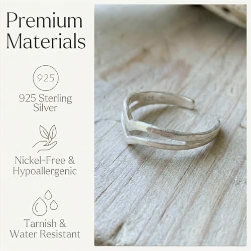 Sterling Silver Toe Ring, Adjustable Open Band, Handmade | Fits Toe, Knuckle or Pinky Ring | One Size Fits Most | Comfortable to Wear | Minimalist Style | Water Resistant - style: Double V Band