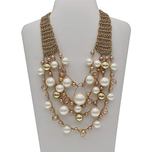 utop JNF Hand made Pearl Statement Necklace for Women Rhinestone Multilayer Crystal Necklaces Chunky Pearl Necklace Large Pearl Necklace and Earrings Set for Mother Mom's gift - color: champagne pearl necklace 5layers