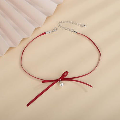 Vintage Punk Velvet Ribbon Bow Choker Necklace Red and Black Satin Bow Tie Choker Necklace Pearls Pendant Bowknot Collar Choker Boho Velvet Bowknot Pearls Pendant Necklace for Women(red3)