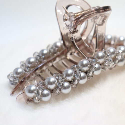 Zayra Faux Pearl Hair Claw Clips with Clear Crystal Beads for Women Handmade Luxury Non Slip Strong Hold Hair Clips Elegant Styling Clips for Party Daily Wear & Gift(Silver gray) - color: Silver gray