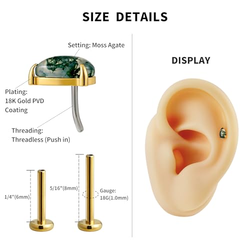 1PC ASTM F136 Titanium Piercing Jewelry for Tragus Conch Helix Flat Labret 18G 6mm 8mm, Cartilage Earring Flatback Stud - color: Moss Agate Drop - Gold