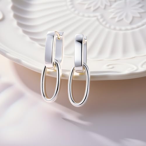 Silver Dangle Double Hoop Earrings For Women Paperclip Link Earring | Drop Small Silver Earrings Square Huggie Paperclip Dangly Hoop Silver Hoops Earrings Jewelry - color: Silver