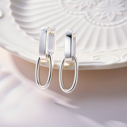 Silver Dangle Double Hoop Earrings For Women Paperclip Link Earring | Drop Small Silver Earrings Square Huggie Paperclip Dangly Hoop Silver Hoops Earrings Jewelry - color: Silver