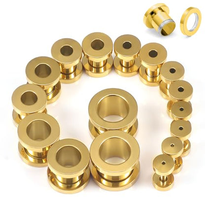 14G-00G Hollow Gauges Tunnels Stretching Kit 316L Surgical Steel Ear Gauges Plugs Earring Lobe flesh Tunnel Gauge Stretcher Silver Black Gold Color Tone - color: Gold:14G-00G