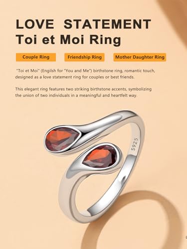 Bestyle Silver Birthstone Ring for Women, Dainty Sterling Silver Teardrop Ring Open Adjustable Band Ring, Love Statement TOI et Moi Ring Promise Ring for Her - color: 07.July( Ruby)