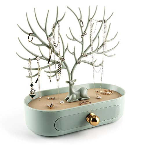 MORE&LESS Antlers Jewelry Display Stand with Aluminium alloy handle, Tree Tower Rack Hanging Organizer for Ring Earrings Necklace Bracelet, Deer Horn Tree Stand with Storage Drawer and Tray - color: B Matcha Green-Drawer