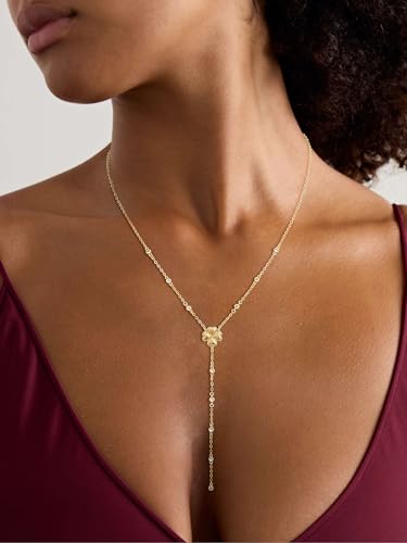 CHESKY Lariat Gold Necklace for Women, Dainty Long Necklace 14k Gold Plated Y-Shaped Pendant Necklace Trendy Layered CZ Beaded Chain Drop Necklaces Simple Gold Jewelry for Women Gifts - color: 9