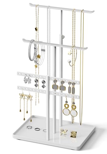susswiff Jewelry Holder Organizer Stand - Adjustable Jewelry Tree 17.5" Height (Max), Jewlery Hanger for Necklaces, Bracelets, Earrings, Stainless, White - color: White