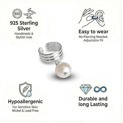 925 Sterling Silver Ear Cuff, Handmade Single Band Adjustable Non Piercing Clip On Cartilage Earring, Minimalist Ear Wrap Faux Piercing Jewelry for Women - style: Pearl