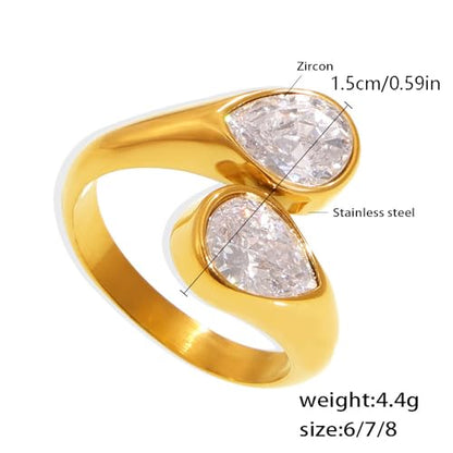 Kokoma Cubic Zirconia Waterdrop Wrap Finger Band for Women Double Crystal Teardrop Shape Adjustable Stacking Ring Open Statement Promsie Rings