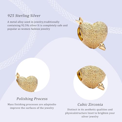 14K Gold Plated Silver Charms for Pandora, Women Heart Family Love Pet Animal Bead Dangle for Bracelets Necklace Jewelry Gift - color: B-Golden- Cupid's Arrow Heart