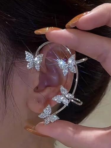 2Pcs Butterfly Ear Cuffs Rhinestone Clip On Earrings | Rhinestone butterfly ear cuffs with non piercing clip on design; silver ear wrap climber jewelry for parties and weddings - style: Style B Silver