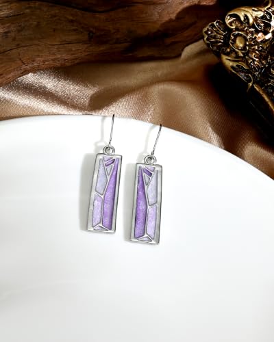 Silver Dangle Earrings for Women Shaped Rectangle Wide Bar Enamel Earrings Colorful Geometric Drop for Daily - color: Purple