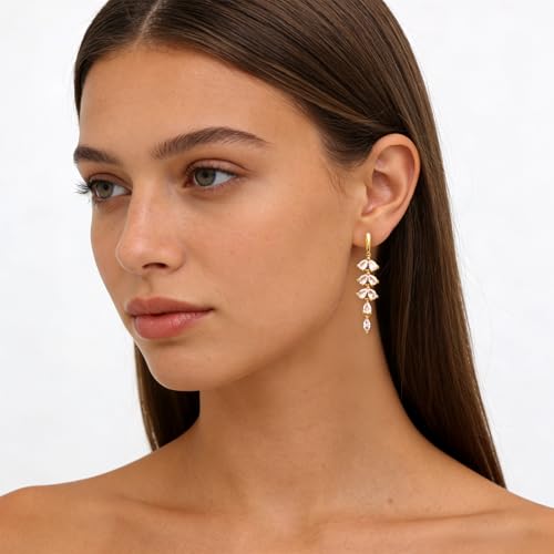 Sonateomber Gold Silver Pearl Rhinestone Dangle Earrings for Women, Elegant CZ Leaf Butterfly Bridal Earings Prom Wedding Fashion Jewelry Gift - color: Cubic Zirconia Gold