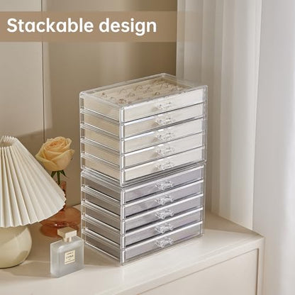 Acrylic Jewelry Box with 5 Drawers, Clear Earring Holder Organizer Rings Display Case with Adjustable Velvet Trays for Women Girls, Grey - color: Grey