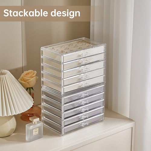 Acrylic Jewelry Box with 5 Drawers, Clear Earring Holder Organizer Rings Display Case with Adjustable Velvet Trays for Women Girls,Creamy-white - color: Creamy-white