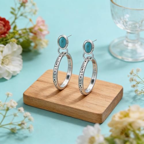 Turquoise Gemstone Stud Earrings Featuring Antique Silver Tone Engraved Hoop Style Turquoise Jewelry Dangle Accents With Oval Stones For Women Bohemian Fashion Daily Party Gifts