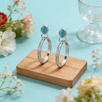 Turquoise Gemstone Stud Earrings Featuring Antique Silver Tone Engraved Hoop Style Turquoise Jewelry Dangle Accents With Oval Stones For Women Bohemian Fashion Daily Party Gifts