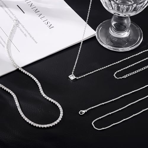 CHESKY Layered Silver Necklace for Women Trendy,Dainty Silver Plated Stackable Charm Necklace Layering Paperclip Tennis Rope Chain CZ Pendant Jewelry Set Gifts - style: tennis