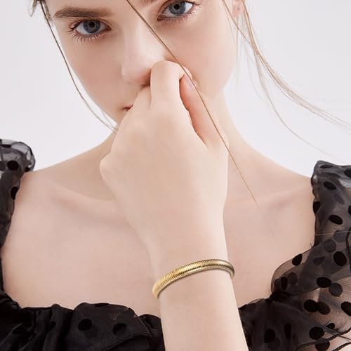 NMQLX Women's Elastic Bangle Bracelets: Stainless Steel Gold Chunky Wristband Bracelets - color: Gold - 8mm