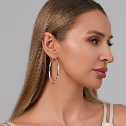 3mm Wide Large Hoop Earrings for Women Hypoallergenic 925 Sterling Silver Post Gold Earrings Lightweight Silver Hoop Earrings Oversize Big Gold Hoops 30/40/50/60MM - color: Silver, size: 60mm