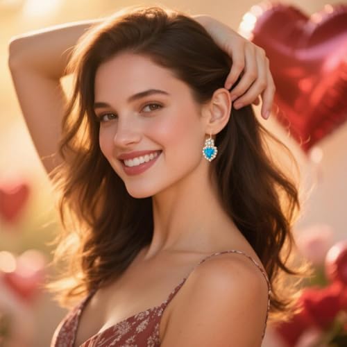 4 Pcs Heart Jewelry Set for Women fashion Cubic Zirconia Pendant Necklace Bracelet Earrings Dainty Open Ring Charm Prom Party, Birthday Valentines Mothers Day Christmas Jewelry Gift - style: Lake Blue