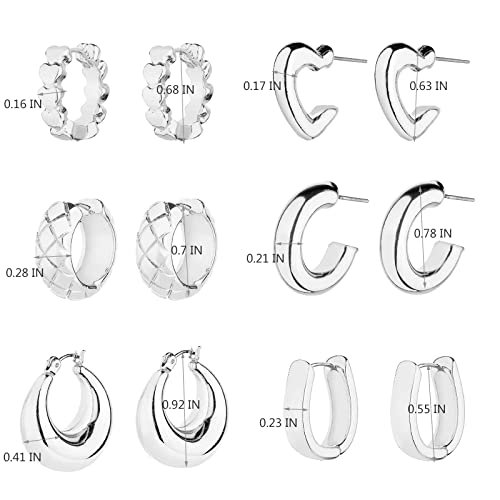Wgoud 6 Pairs Chunky Gold Hoop Earrings for Women, 14K Gold Plated Hoop Earrings Hypoallergenic, Thick Lightweight Twisted Huggie Hoops Earring Set for Women’s Jewelry GIfts - color: 6 Silver Hoops set