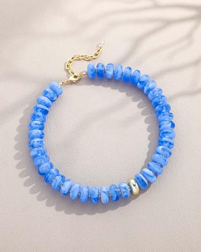 Chunky Beaded Necklace for Women Boho Statement Bead Necklace Adjustable Choker with Polished Disc/Square Beads Trendy Summer Beach Jewelry Gifts - color: Blue