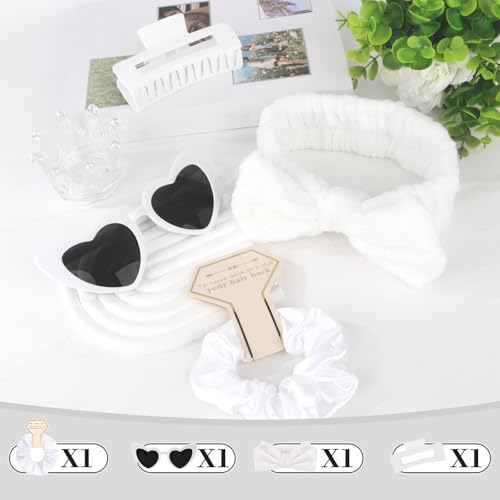 Semato 4 Pcs White Bridesmaid Proposal Gifts Bridesmaid Spa Headband, Hair Claw Clips, Heart Shaped Sunglasses and Smooth Satin Scrunchies - color: White